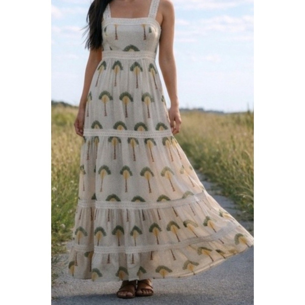 Calypso St. Barth Dress L Maxi Tiered Palm Trees Crochet Lace Straps Cream/Green - Picture 5 of 15